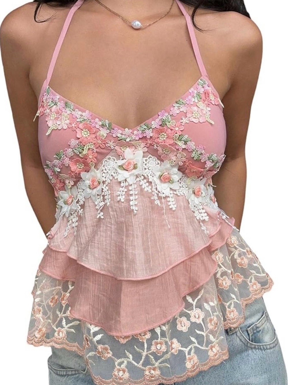 Floral Lace Trim Pink Tiered Cami Top - Picture 5 of 6